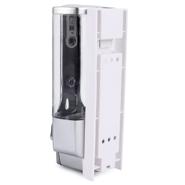 Wall-mounted manual soap dispenser back housing, transparent reservoir with black inner parts