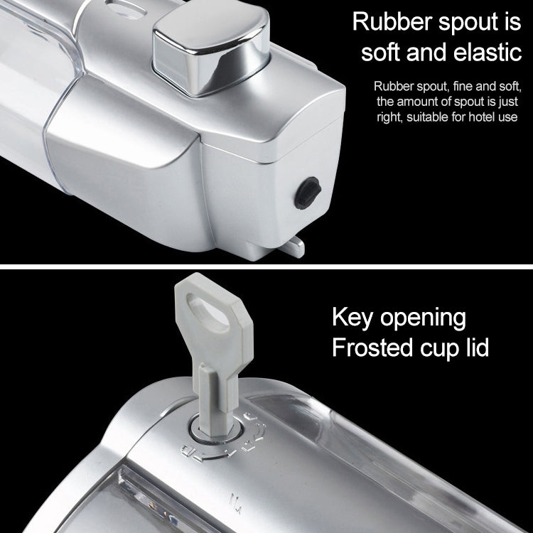 Manual soap dispenser with rubber spout, key opening, and frosted cup lid, matte silver
