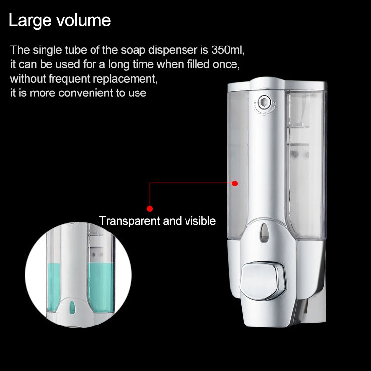 Wall-mounted soap dispenser with large transparent tube, teal soap inside, matte silver