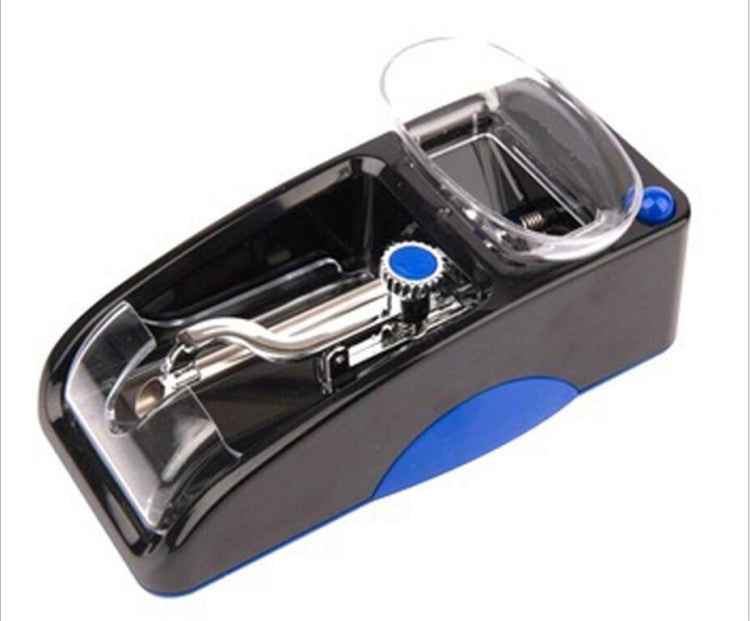 Electric cigarette rolling machine with open roller chamber and blue control button