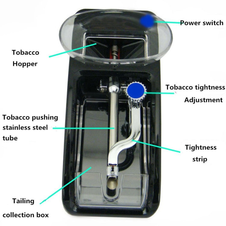 Front view electric cigarette rolling machine with transparent hopper and blue adjustment knob
