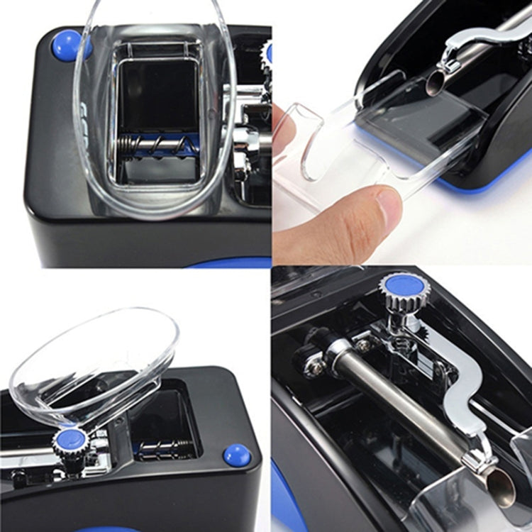 Electric cigarette rolling machine with transparent lid and blue side trim
