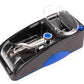 Electric cigarette rolling machine with open chamber and blue control on black base