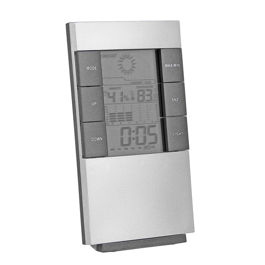 Digital humidity and temperature meter with clock alarm, LCD display and side buttons