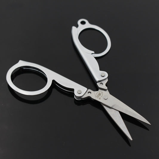 Mini folding scissors with oval finger rings, stainless-steel look, pointed blades