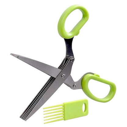 Green kitchen herb scissor shredder with comb guard for chopping scallions