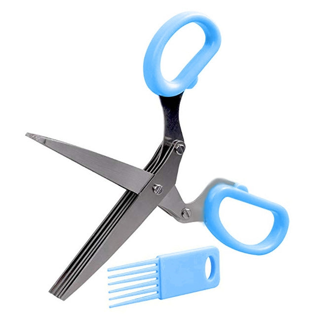 Blue kitchen herb scissor shredder with comb guard for chopping scallions