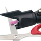 Black grinding chamfering accessory with pink abrasive wheel attached to blade arm