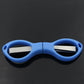 Foldable mini scissors with blue handles, stainless blades folded in for travel