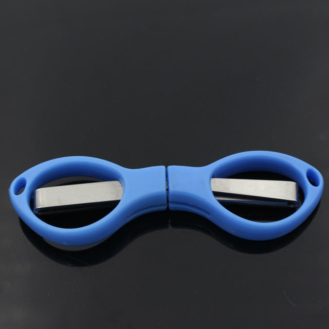 Foldable mini scissors with blue handles, stainless blades folded in for travel