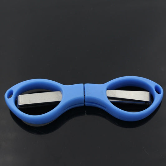 Foldable mini scissors with blue handles, stainless blades folded in for travel