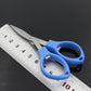 Foldable mini scissors with blue handles and stainless blades, shown next to ruler