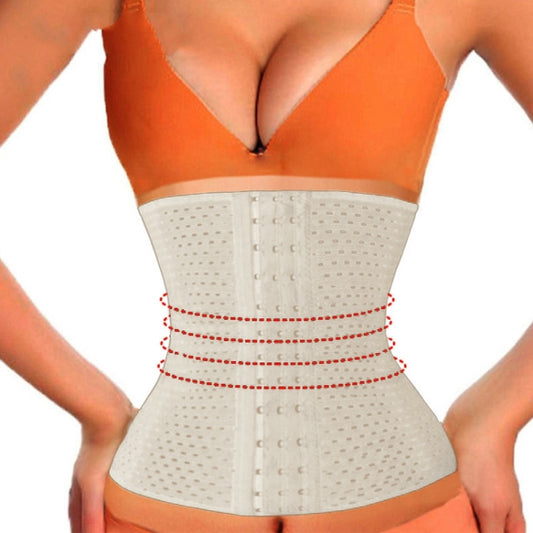 White perforated waist corset belt with red stitch trim and hook-and-eye closure
