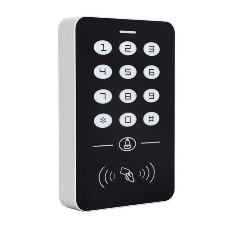 Card access keypad controller with numeric buttons, bell button, and swipe indicators