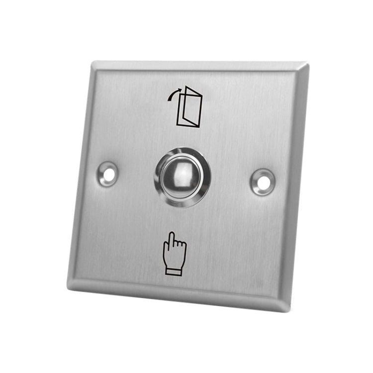 Stainless steel exit button with round metal push plate and hand door icon