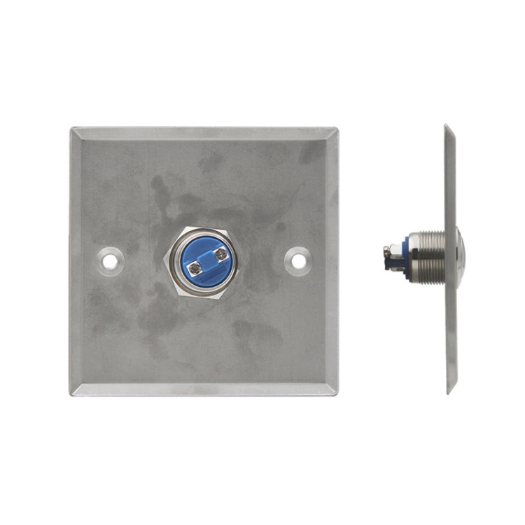 Stainless steel exit button base with blue terminal screw and mounting holes