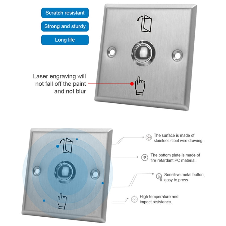 Brushed stainless steel exit button panel with round push button and hand icon