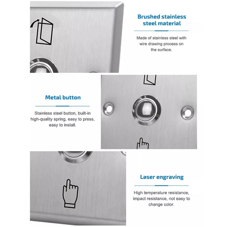 Brushed stainless steel exit button with round metal button and engraved hand icon