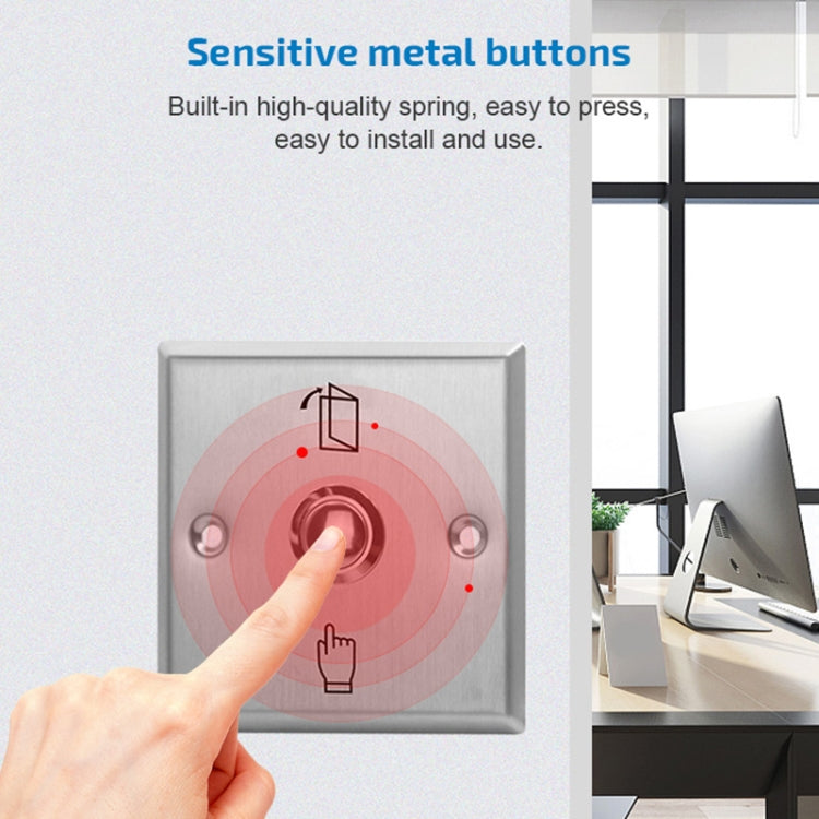 Stainless steel exit button with circular metal touch button and hand pressing