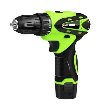 Green and black 12V cordless electric screwdriver with metal bit