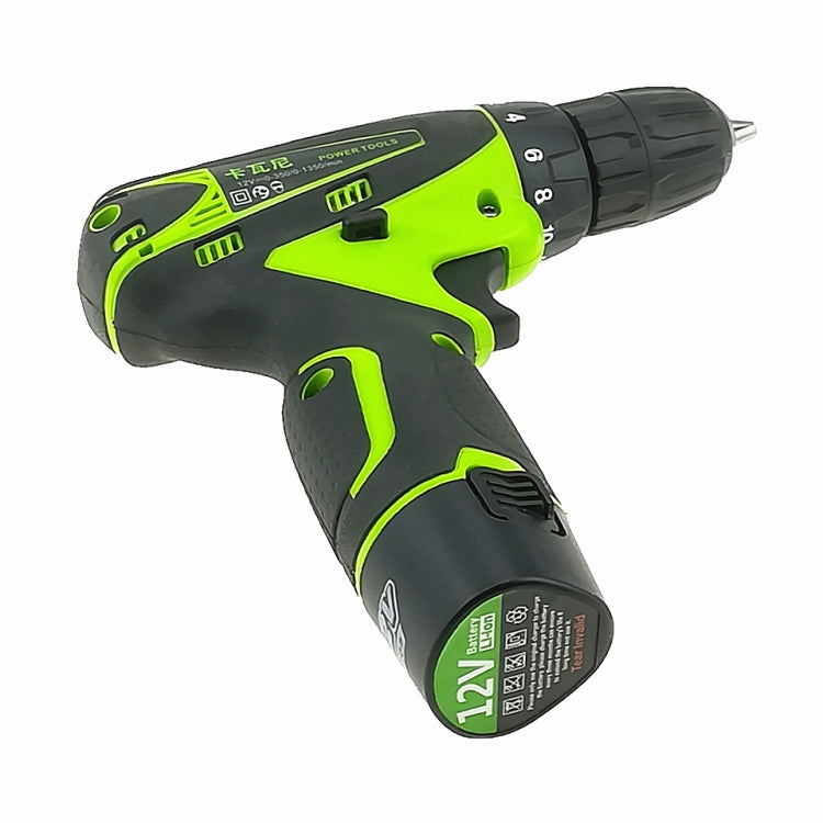 Green and black cordless electric screwdriver with side controls and chuck