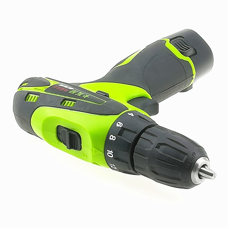 Green and black cordless electric screwdriver with metal bit and front chuck