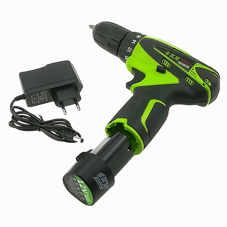 Green and black cordless electric screwdriver with charger and power cable