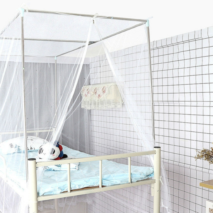 White upper bunk mosquito net canopy with side opening and ceiling support frame