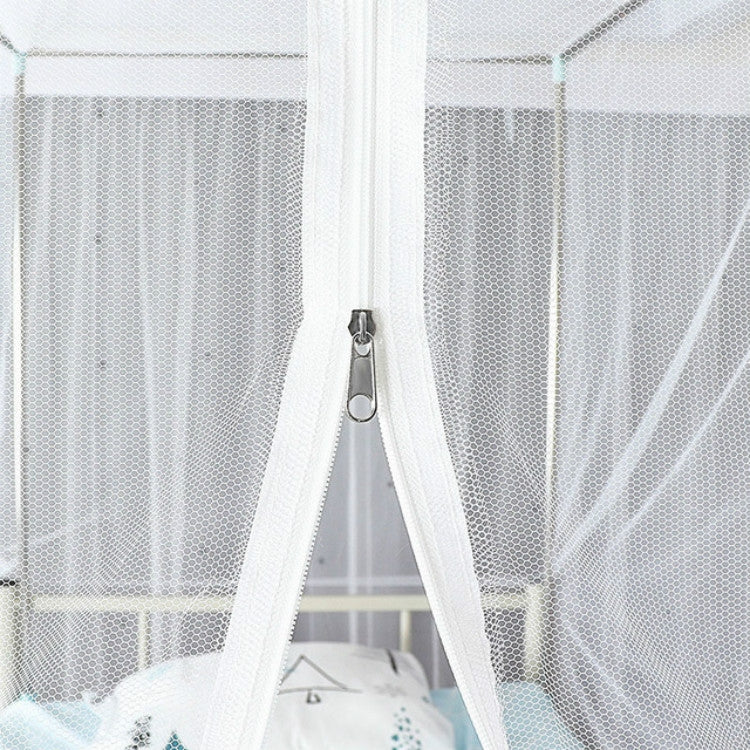 Zip slider on white mosquito net doorway panel for easy entry