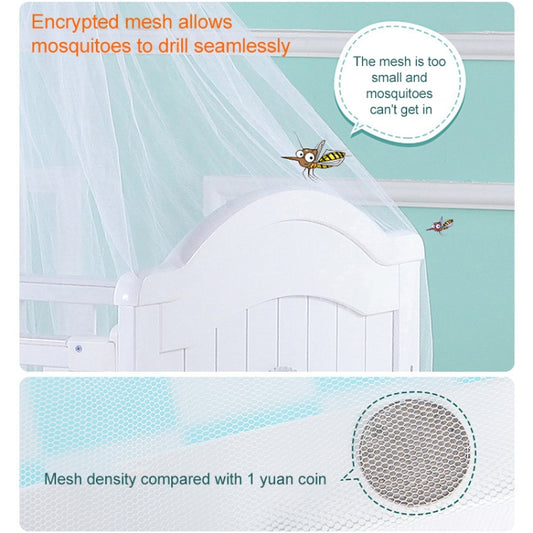 Dome mosquito net canopy over a white crib, close-up view of mesh and top frame