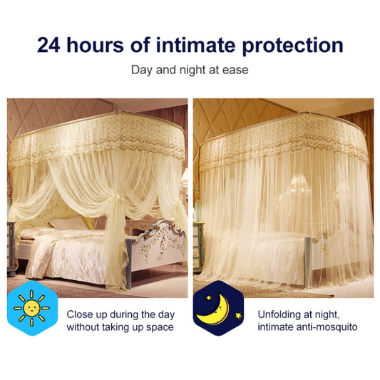 U-shaped three-door floor mosquito net with cream lace canopy and sheer hanging curtains