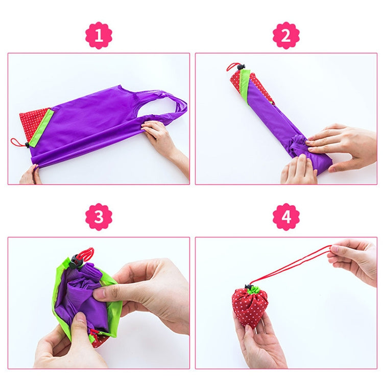 Purple folding grocery shopping bag shown folded and unfolded with red polka fabric pocket
