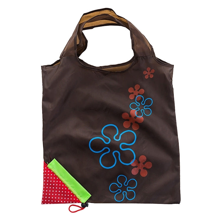 Brown reusable folding grocery shopping bag with colorful flower appliques and green trim