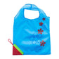 Light blue reusable folding grocery shopping bag with flower appliques and green-trim pocket