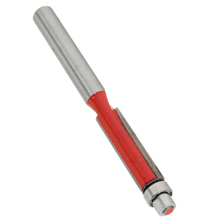 Flush trim router bit with red body and gray 1/4-inch shank, angled view