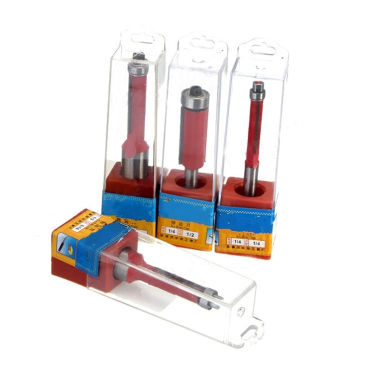 Flush trim router bit set in clear plastic boxes, red bits with 1/4-inch shanks