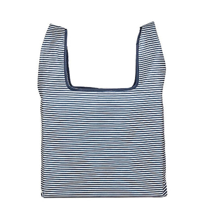 Foldable shopping bag, dark blue and white striped pattern, open top with U handles