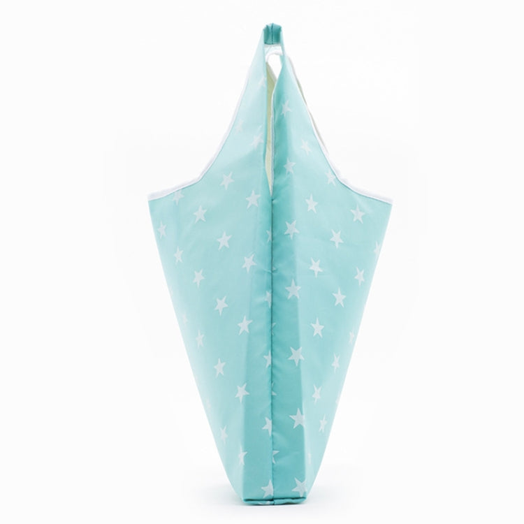 Foldable shopping bag, light teal with white stars, folded compact for storage