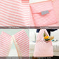 Foldable shopping bag, pink and white striped, visible inner pocket panel at top
