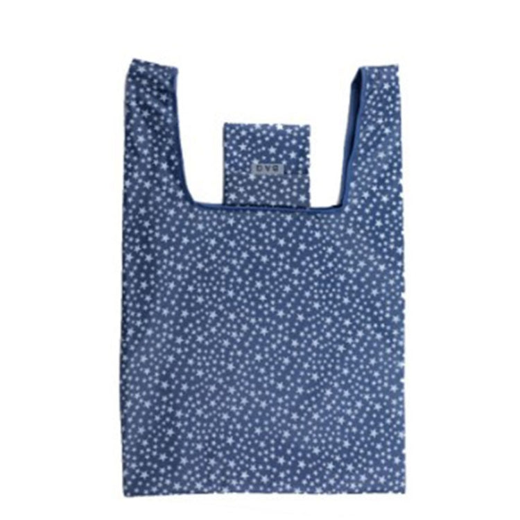 Foldable shopping bag, dark blue with white star pattern, open tote shape