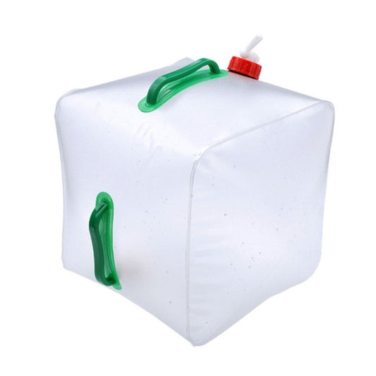 Transparent 20L folding water bag with green handle and red-tipped spigot