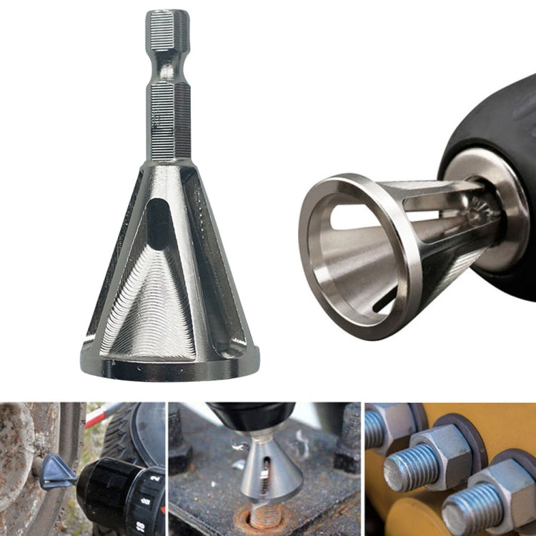 Stainless steel deburring chamfer tool with knurled grip and conical blade
