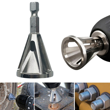 Stainless steel deburring chamfer tool with knurled grip and conical blade
