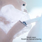 Handheld manual multi-shock razor with shaving cream, held by a hand