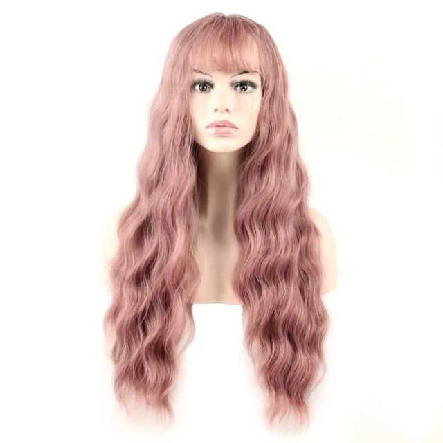 Women's long curly wig, dusty rose pink wavy hair with full bangs