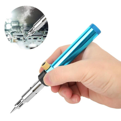 Cordless gas soldering iron with blue handle and metal nozzle tips, hand-held