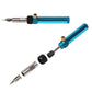 Cordless gas soldering iron with blue canister body and two interchangeable metal tips