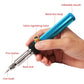 Cordless gas soldering iron in blue with iron head and heat sink, held in hand