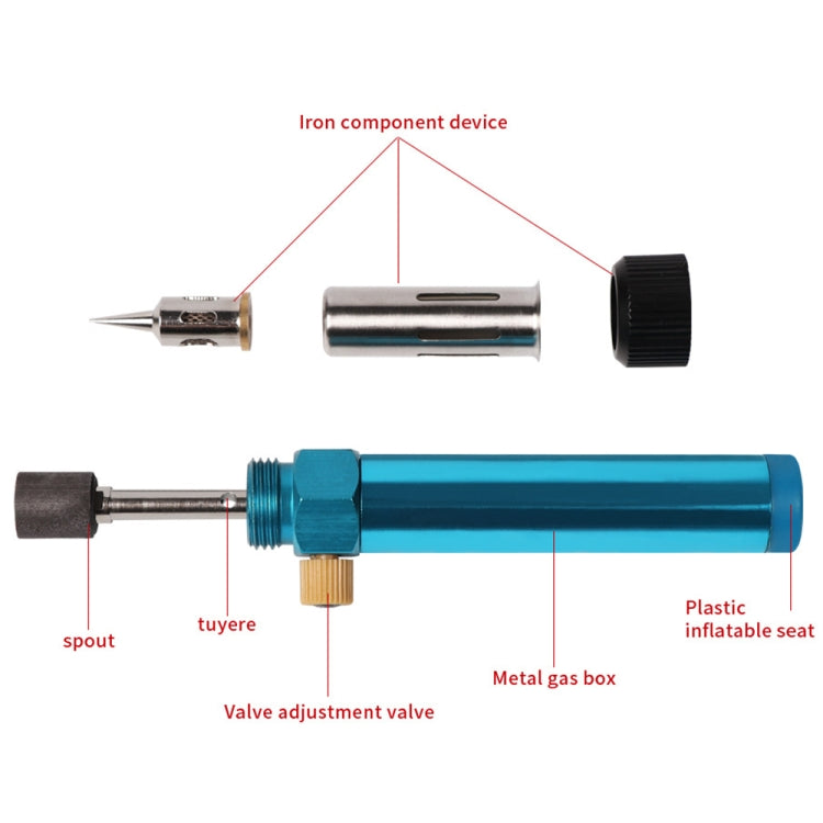 Gas soldering iron parts: blue metal gas box, valve, and plastic inflatable seat