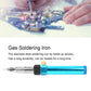 Cordless gas soldering iron with blue handle and metal soldering tip, side view